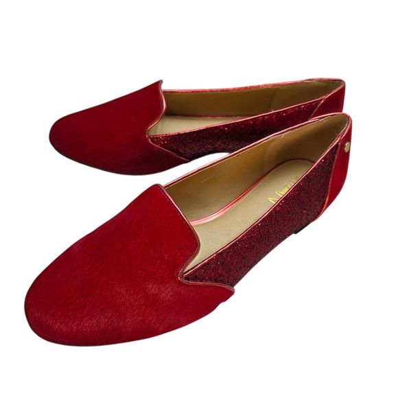 IMAN Calf Hair Red Glotter Slip On‎ Loafer Leather Shoes Size 9W NEW Dorothy - Picture 1 of 10
